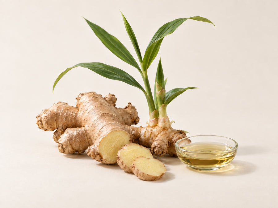 Verse gemberwortelstokken, groene bladeren van Zingiber officinale en essentiële gemberolie in een glazen schaaltje.