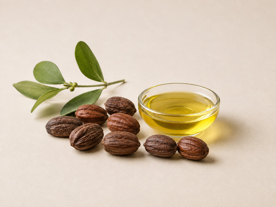 Rijpe jojobazaden, jojobabladeren en transparante goudgele jojoba-olie in een glazen schaaltje.
